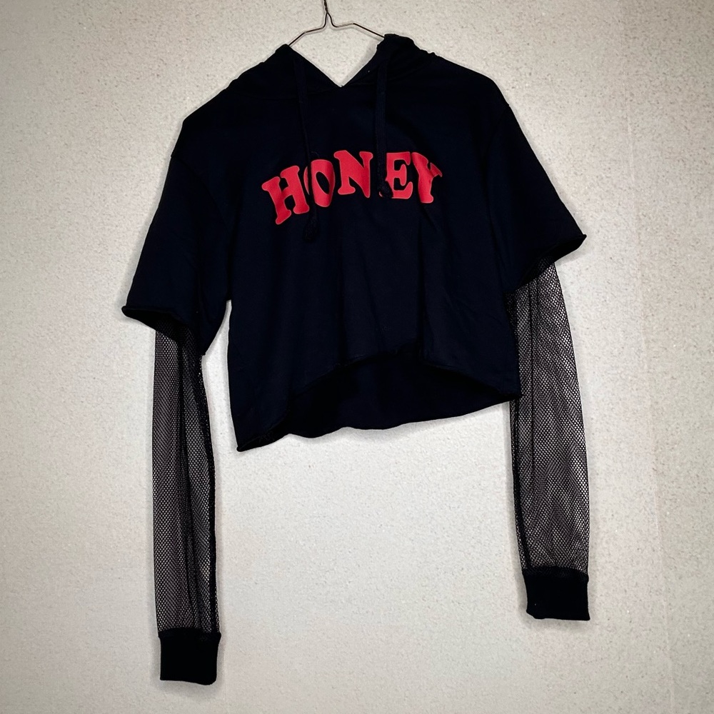 Black Cropped Hoodie Mesh Sleeves